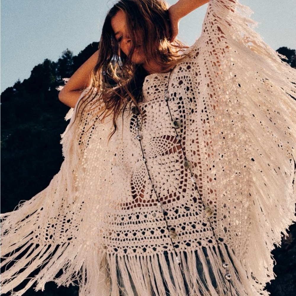 ZARA NEW WOMAN FRINGED KNIT KAFTAN ONE SIZE M ECRU NWT